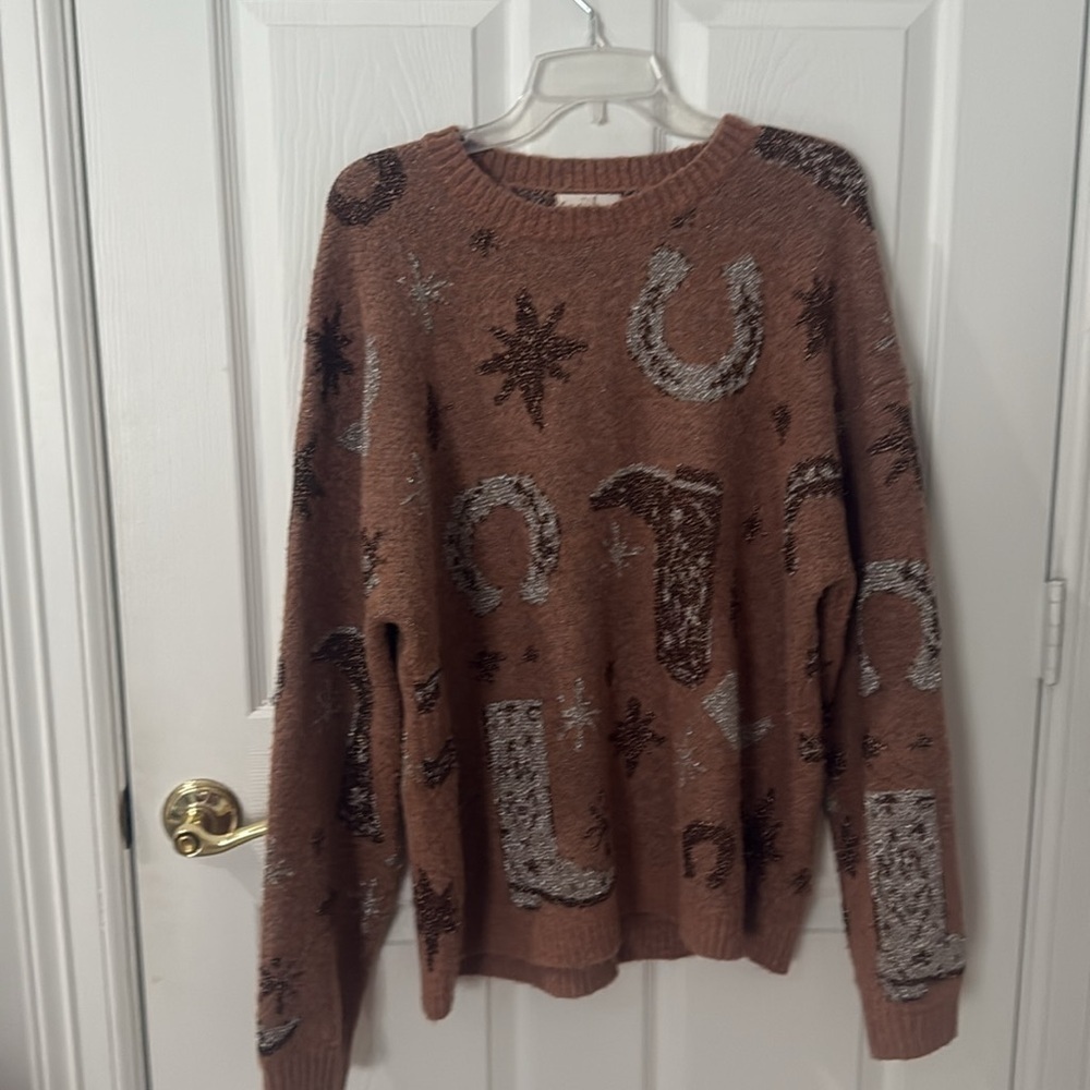 Entro Warm Brown Knit Sweater western glitter detail size large